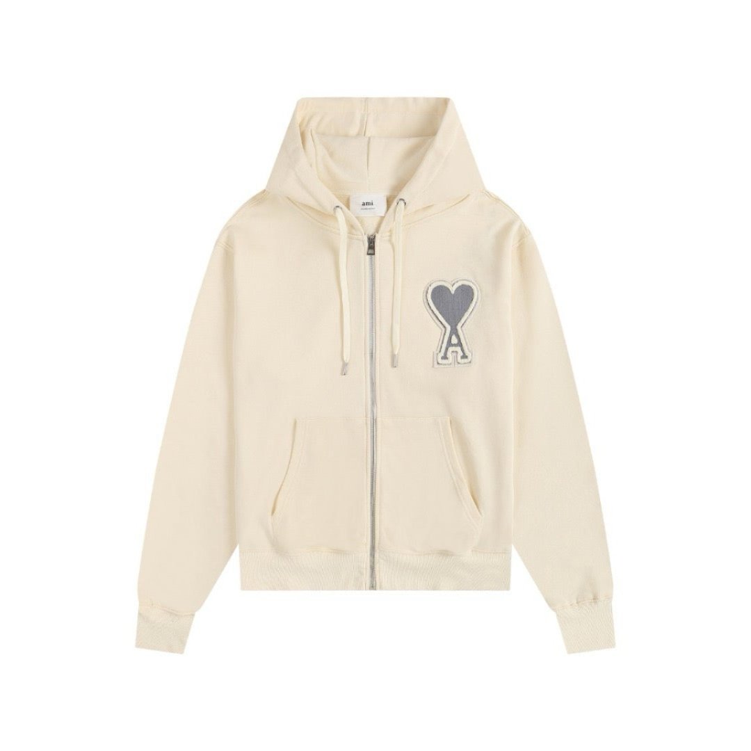 Ami Paris Hoodie Zip Up Beige