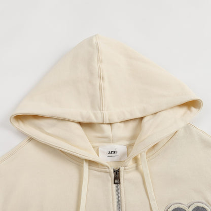 Ami Paris Hoodie Zip Up Beige