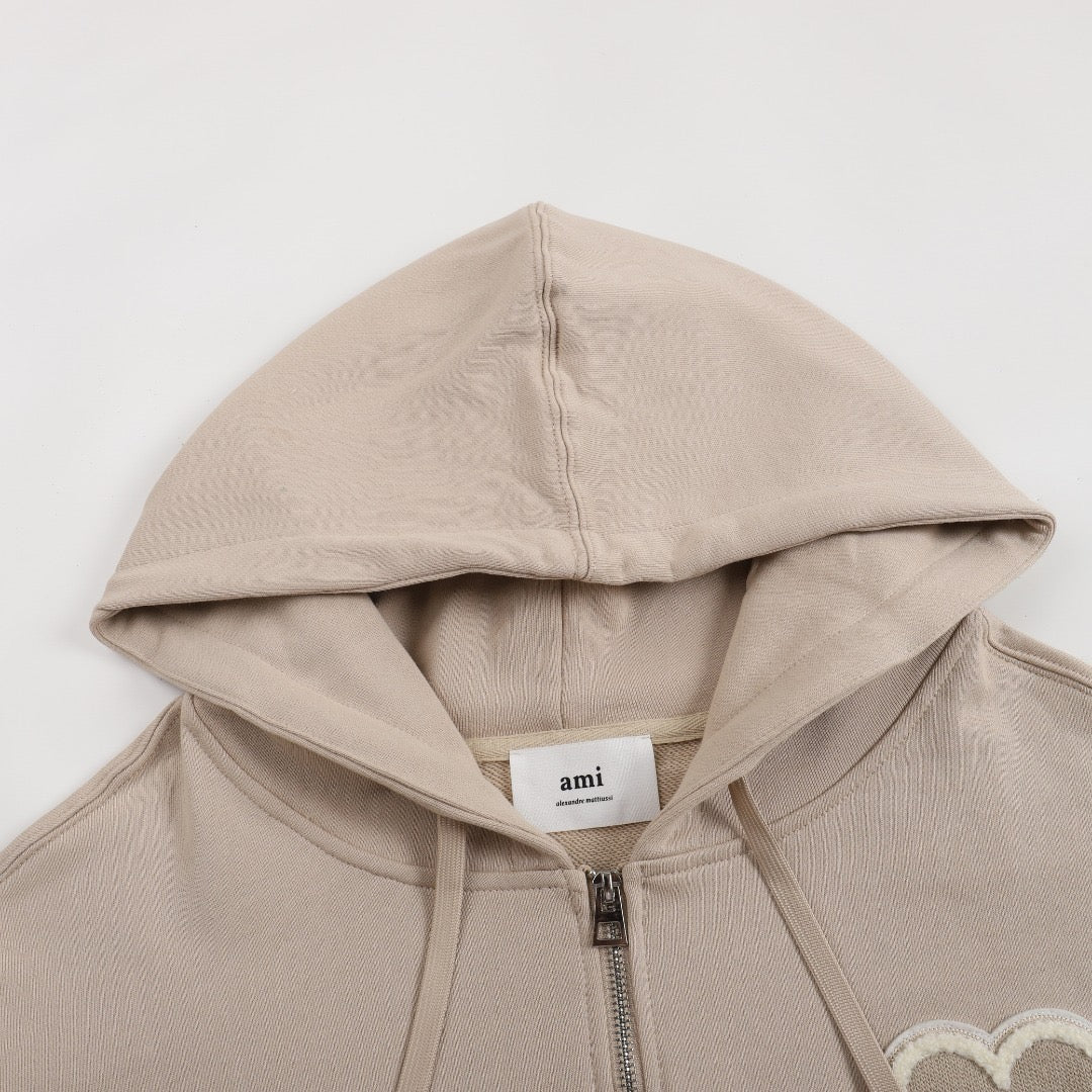 Ami Paris Hoodie Zip Up Brown