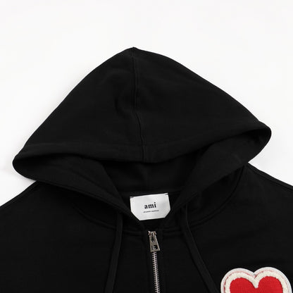 Ami Paris Hoodie Zip Up Black/Red Logo