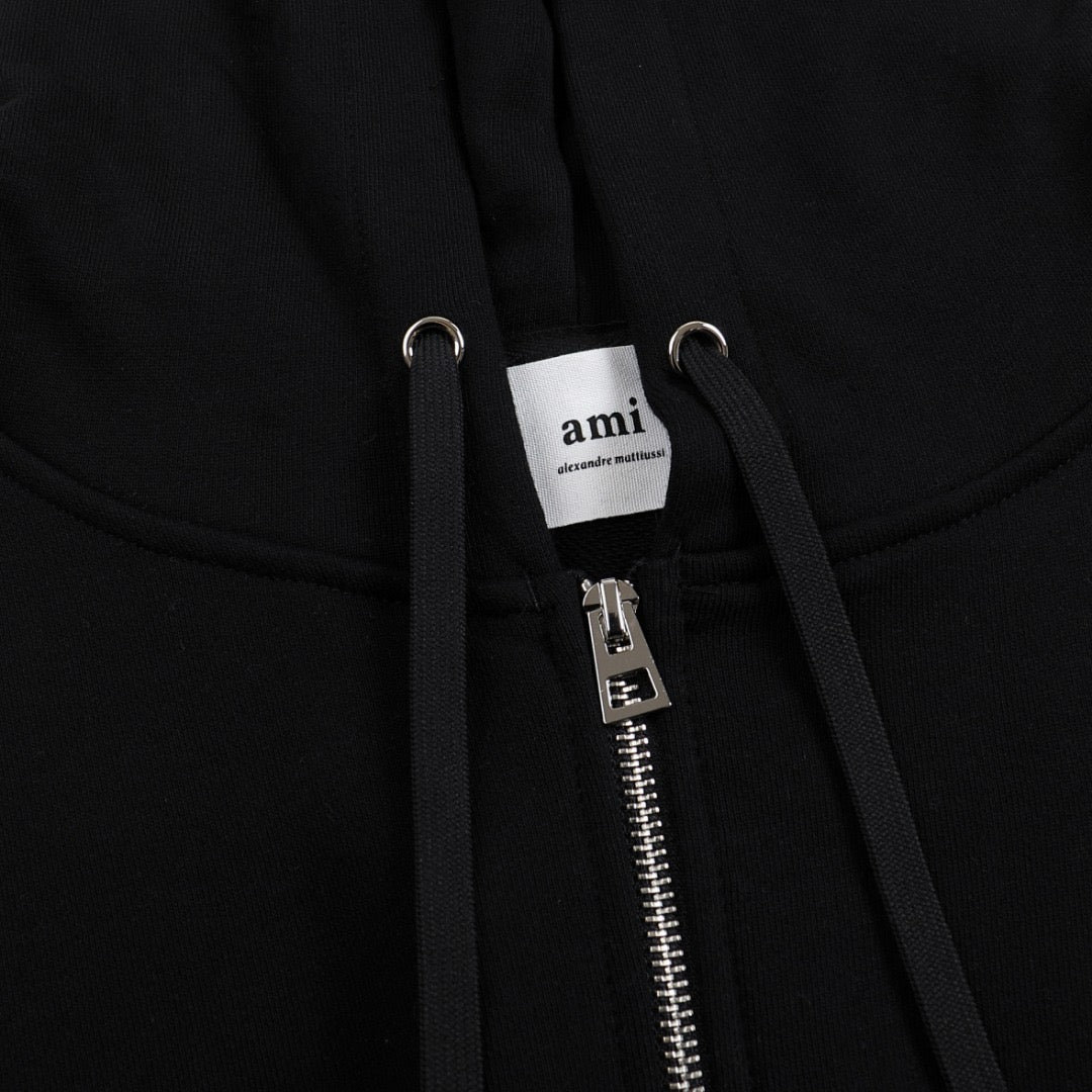 Ami Paris Hoodie Zip Up Black/Red Logo