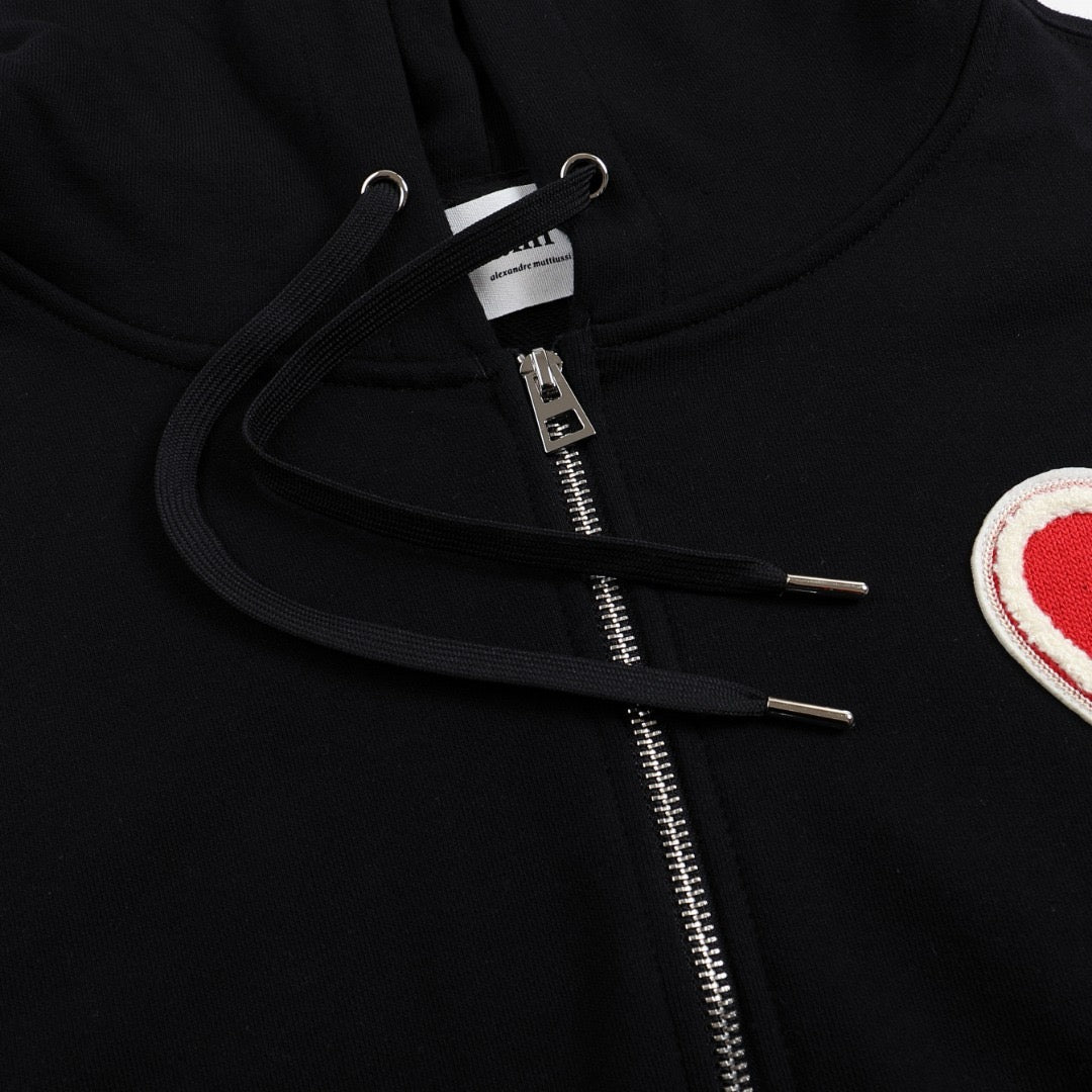 Ami Paris Hoodie Zip Up Black/Red Logo