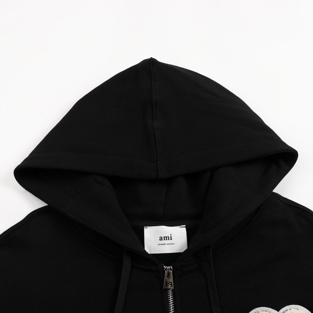 Ami Paris Hoodie Zip Up Black/White Logo