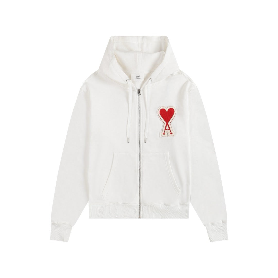 Ami Paris Hoodie Zip Up White/Red Logo