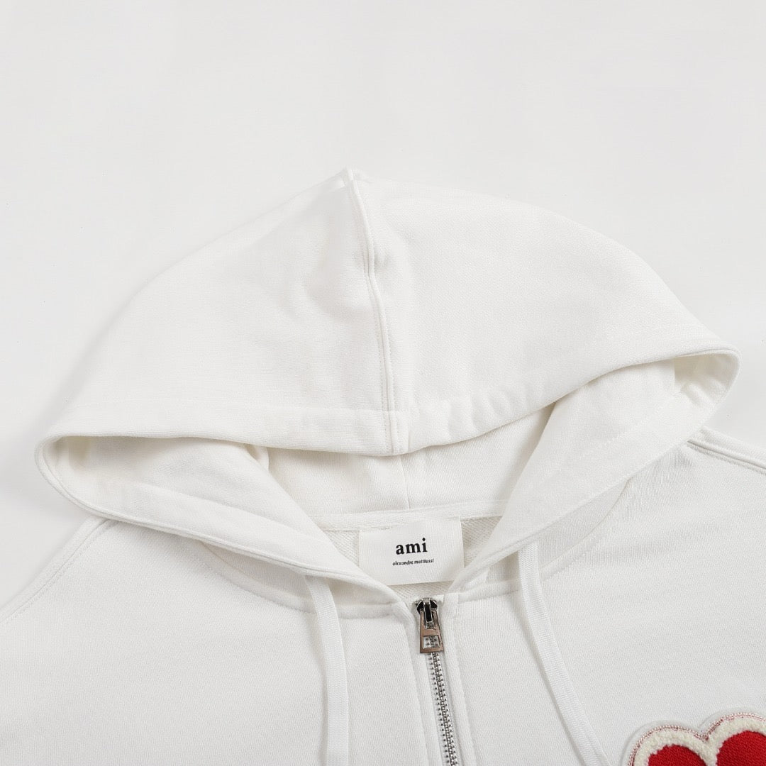 Ami Paris Hoodie Zip Up White/Red Logo