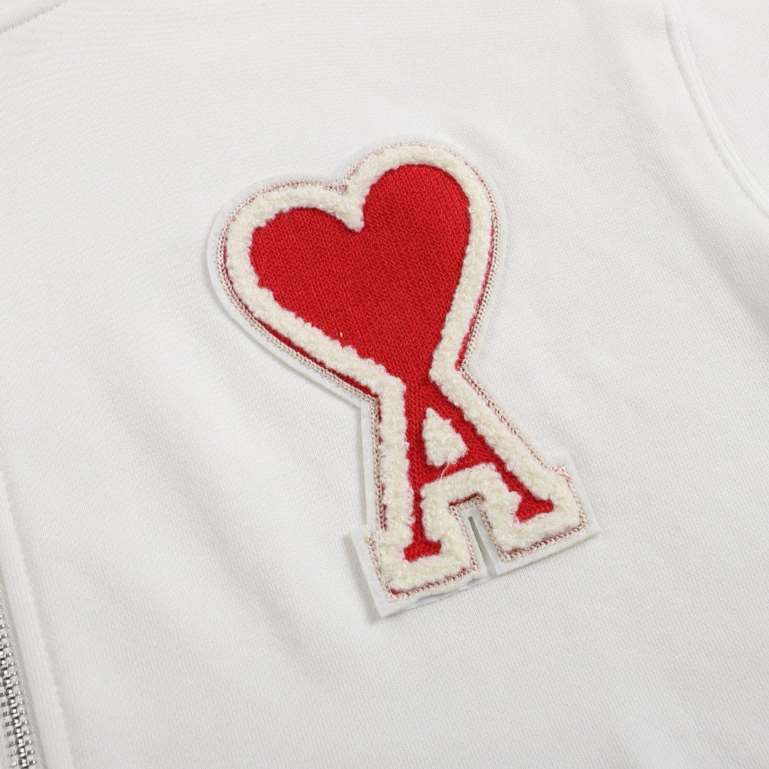 Ami Paris Hoodie Zip Up White/Red Logo