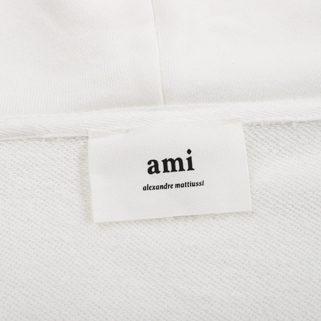 Ami Paris Hoodie Zip Up White/Red Logo