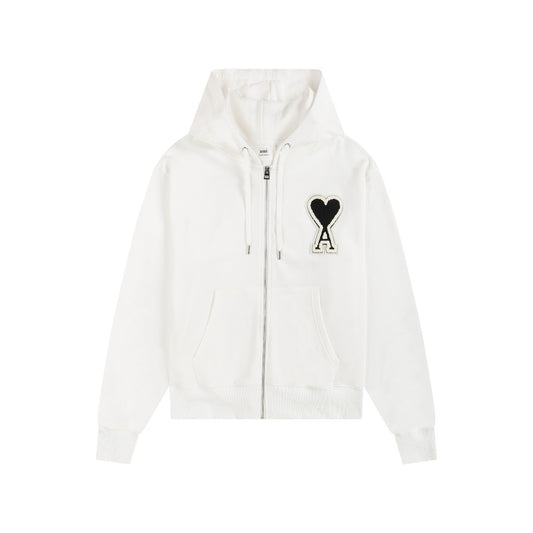 Ami Paris Hoodie Zip Up White/Black Logo