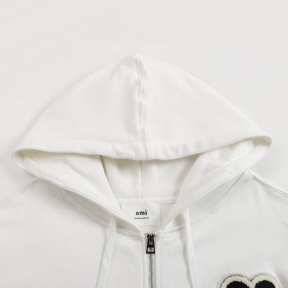 Ami Paris Hoodie Zip Up White/Black Logo