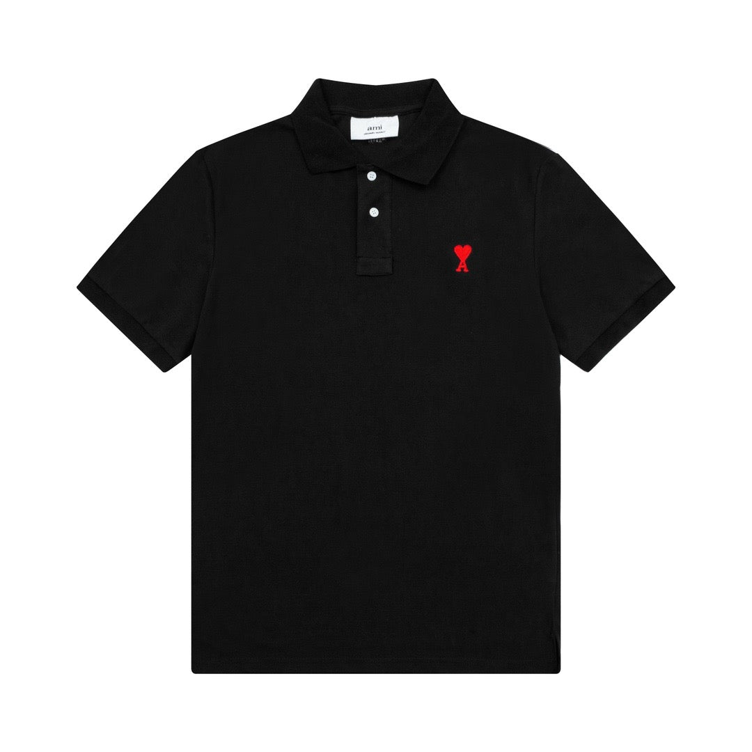 Ami Paris Small Red Ami De Coeur Polo Shirt Black