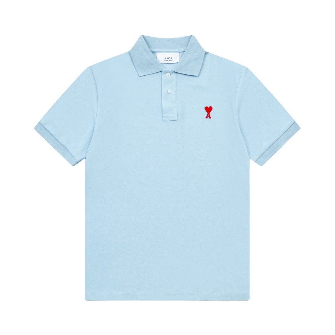 Ami Paris Small Red Ami De Coeur Polo Shirt Light blue