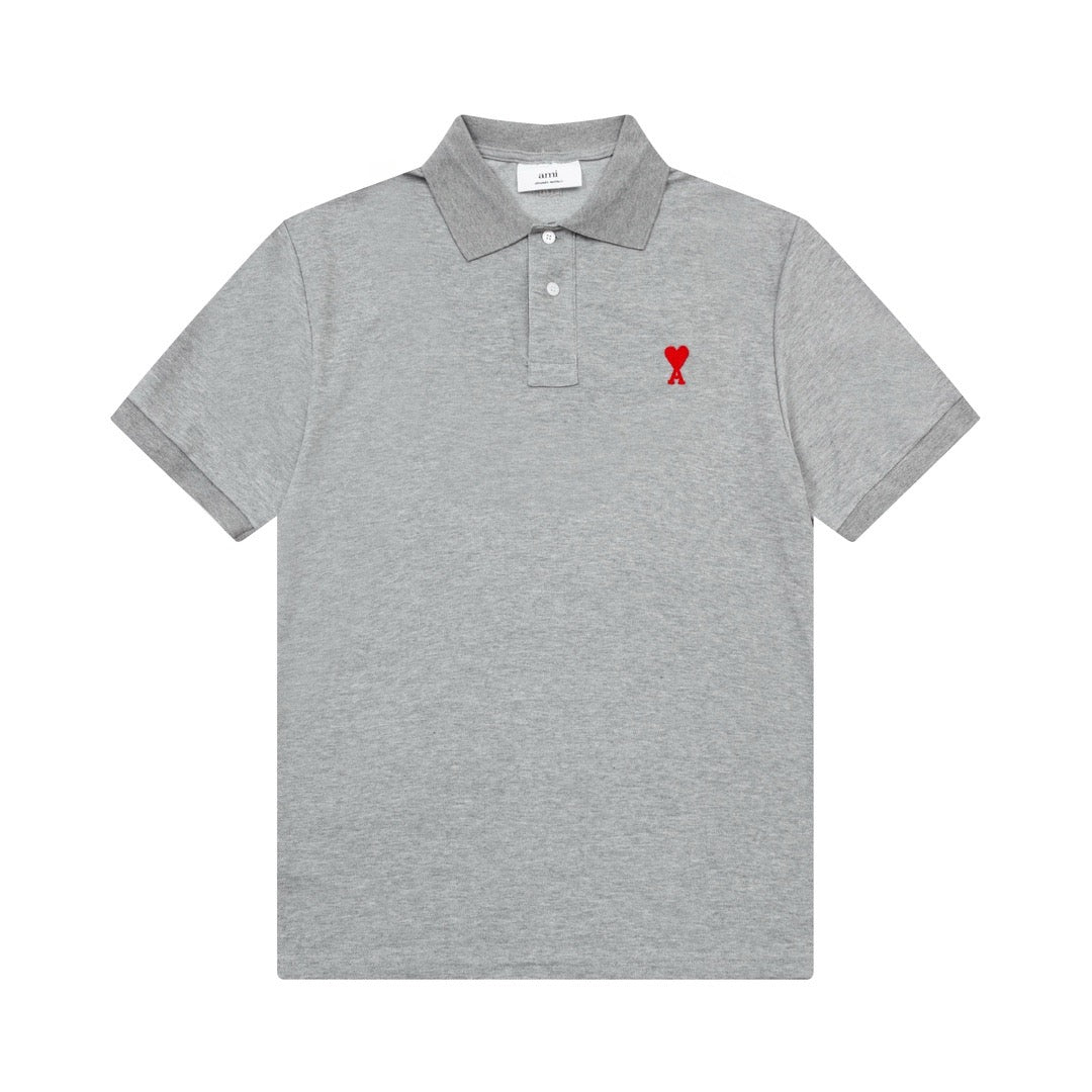 Ami Paris Small Red Ami De Coeur Polo Shirt Grey