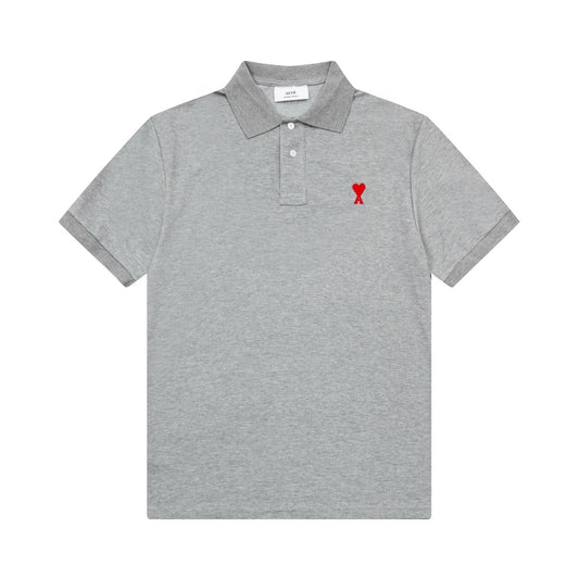 Ami Paris Small Red Ami De Coeur Polo Shirt Grey