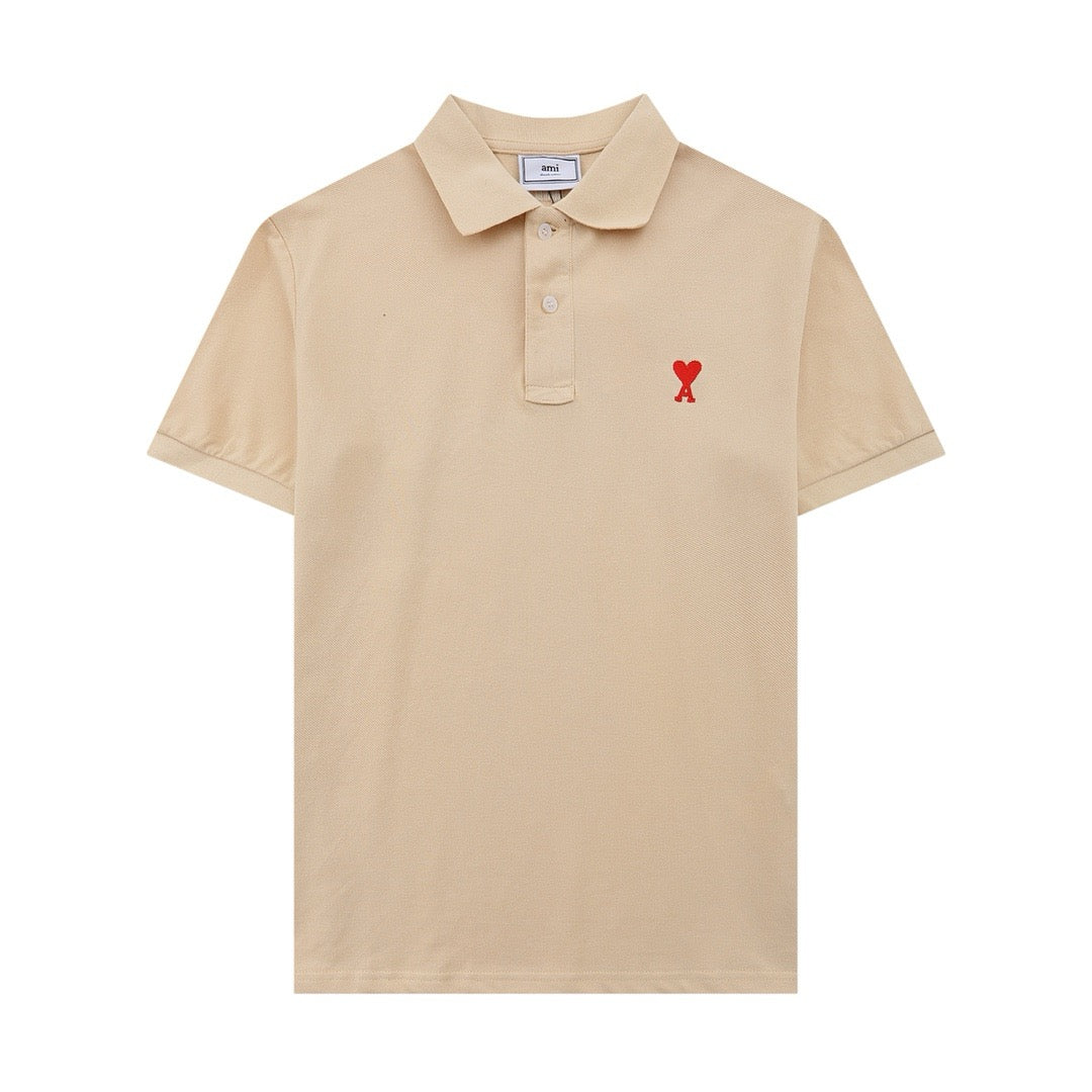 Ami Paris Small Red Ami De Coeur Polo Shirt Beige