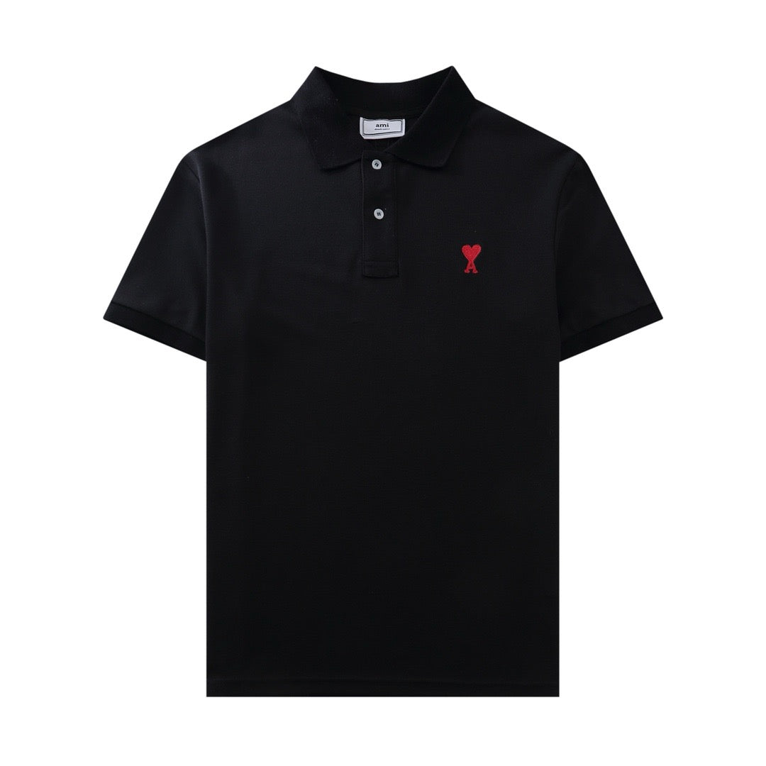 Ami Paris Small Red Ami De Coeur Polo Shirt Black