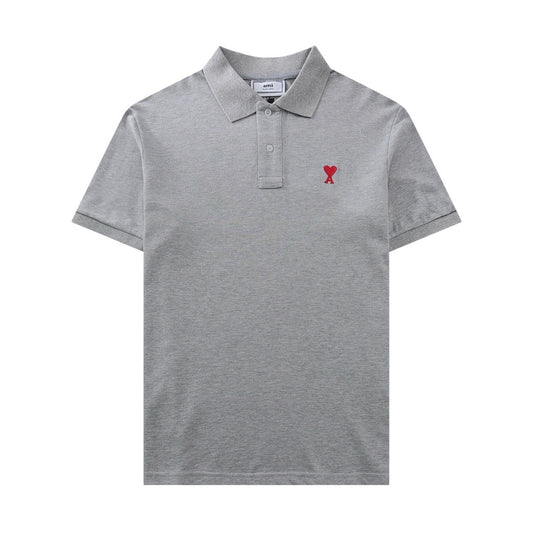 Ami Paris Small Red Ami De Coeur Polo Shirt Grey