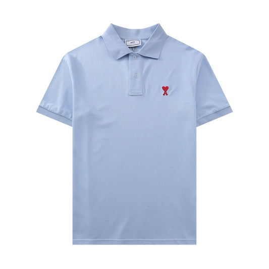 Ami Paris Small Red Ami De Coeur Polo Shirt Sky Blue