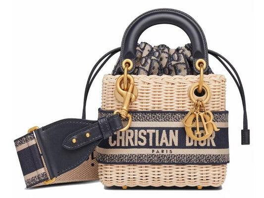 Dior Mini Lady Dior Bag Natural Wicker/Blue