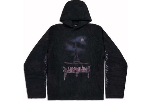 Balenciaga Paris Moon Crinkled Hoodie Large Fit Black