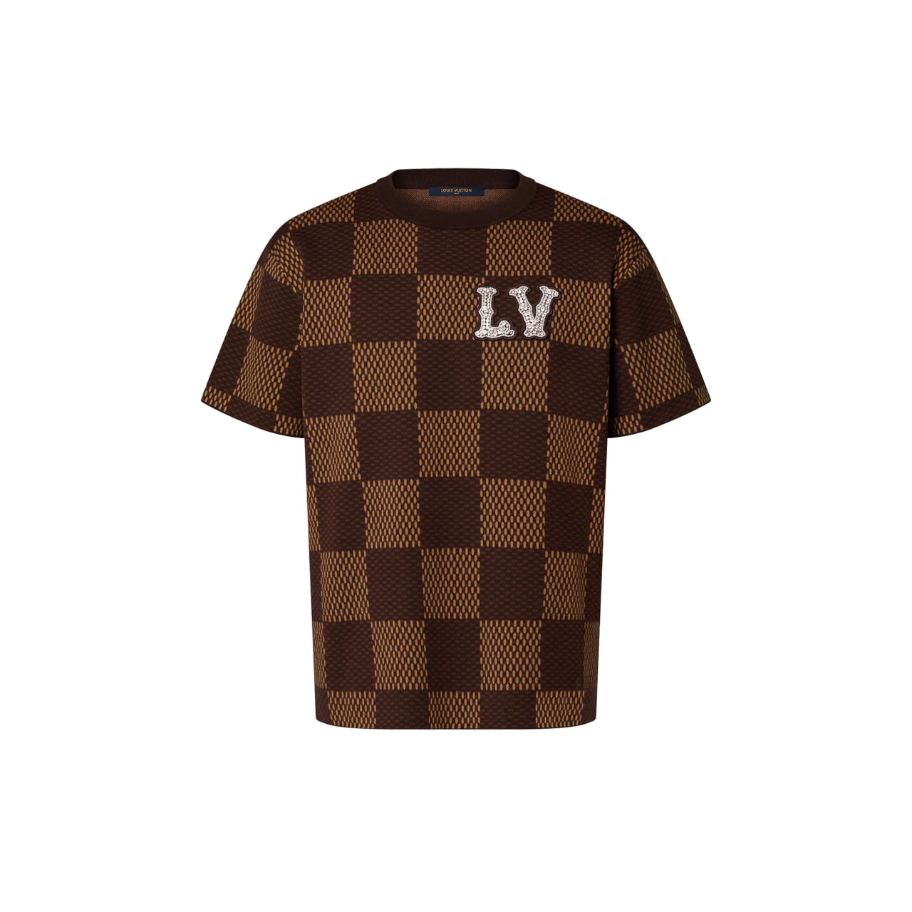 Louis Vuitton Short-Sleeved Cotton Damier Crewneck With Crystal LV Patch Brown